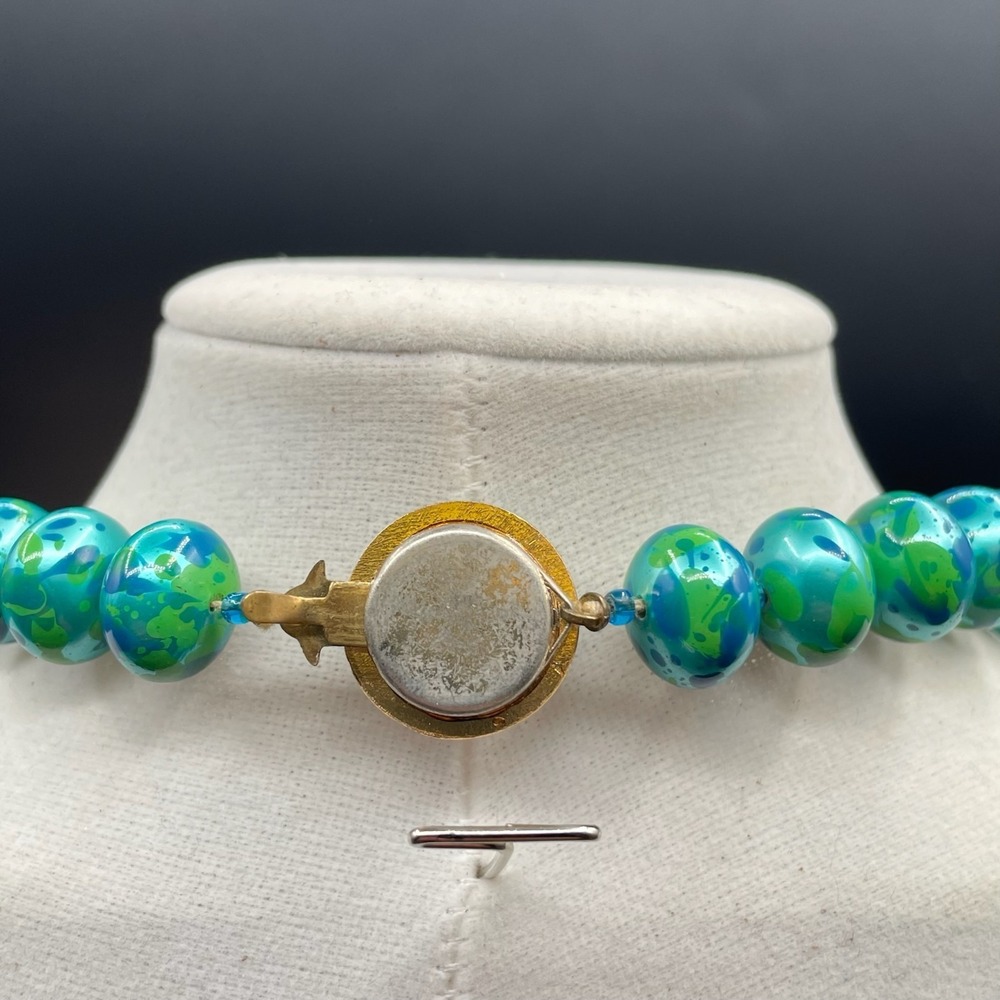 Vintage Green Classic Fashion Bezel Glass Chrysocolla Beaded Statement Necklace - Picture 8 of 10
